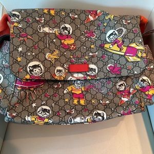 GG Supreme Monogram Space Cats Diaper Bag Orange Good Condition